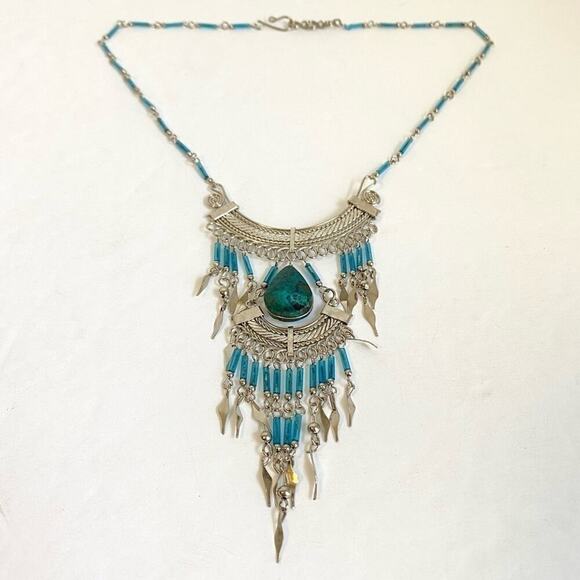 Vintage Boho Turquoise Beaded Necklace Layered Silver Fringe Peruvian 70s Hippie - Picture 4 of 12